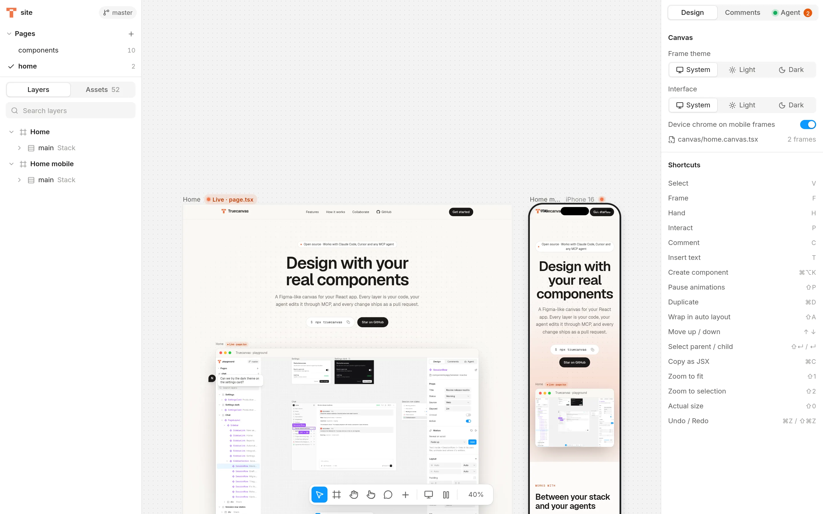 The Truecanvas editor showing this website's homepage as two linked frames, desktop and iPhone 16